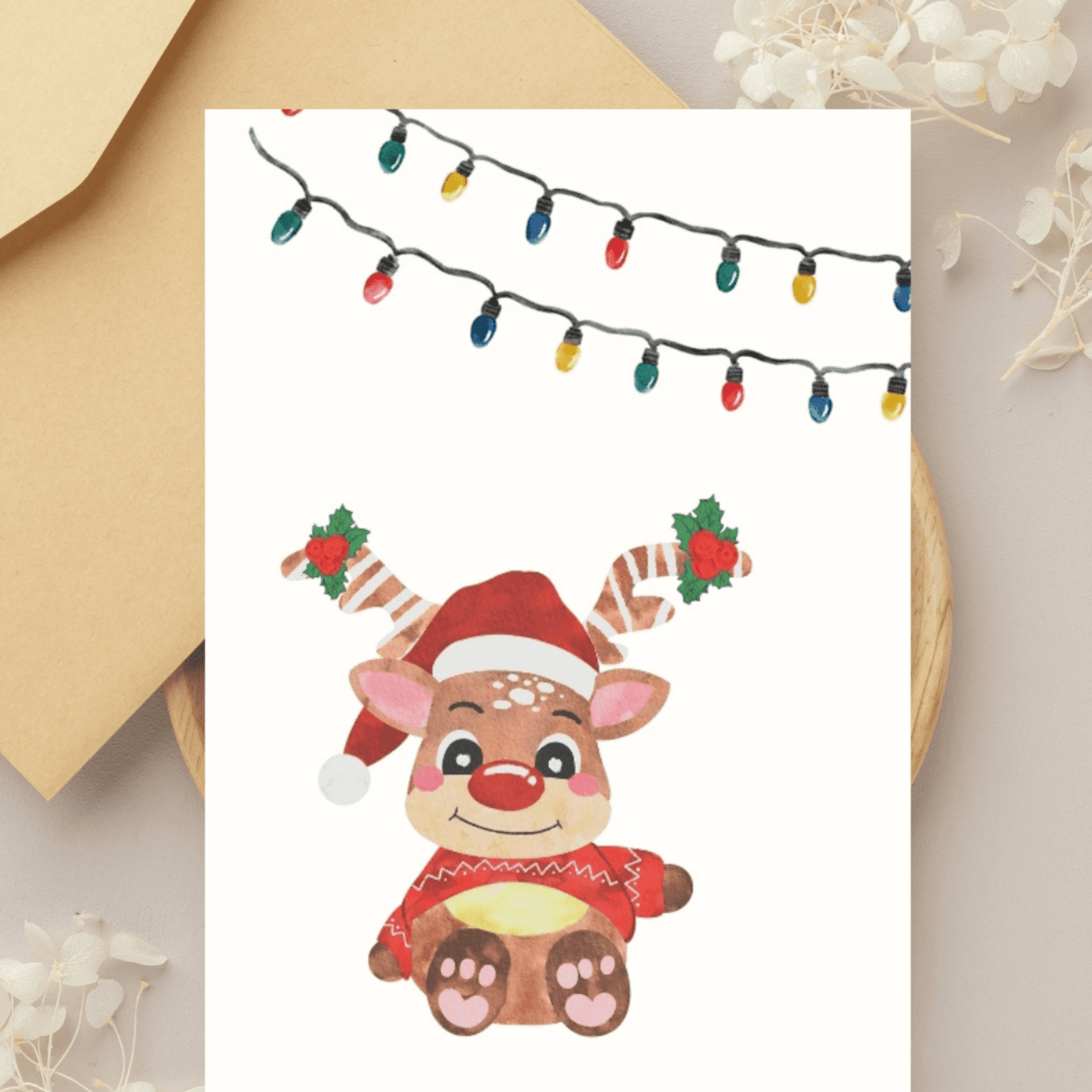Postal navideña con reno bebé y luces de Navidad | Hecha a mano - 1