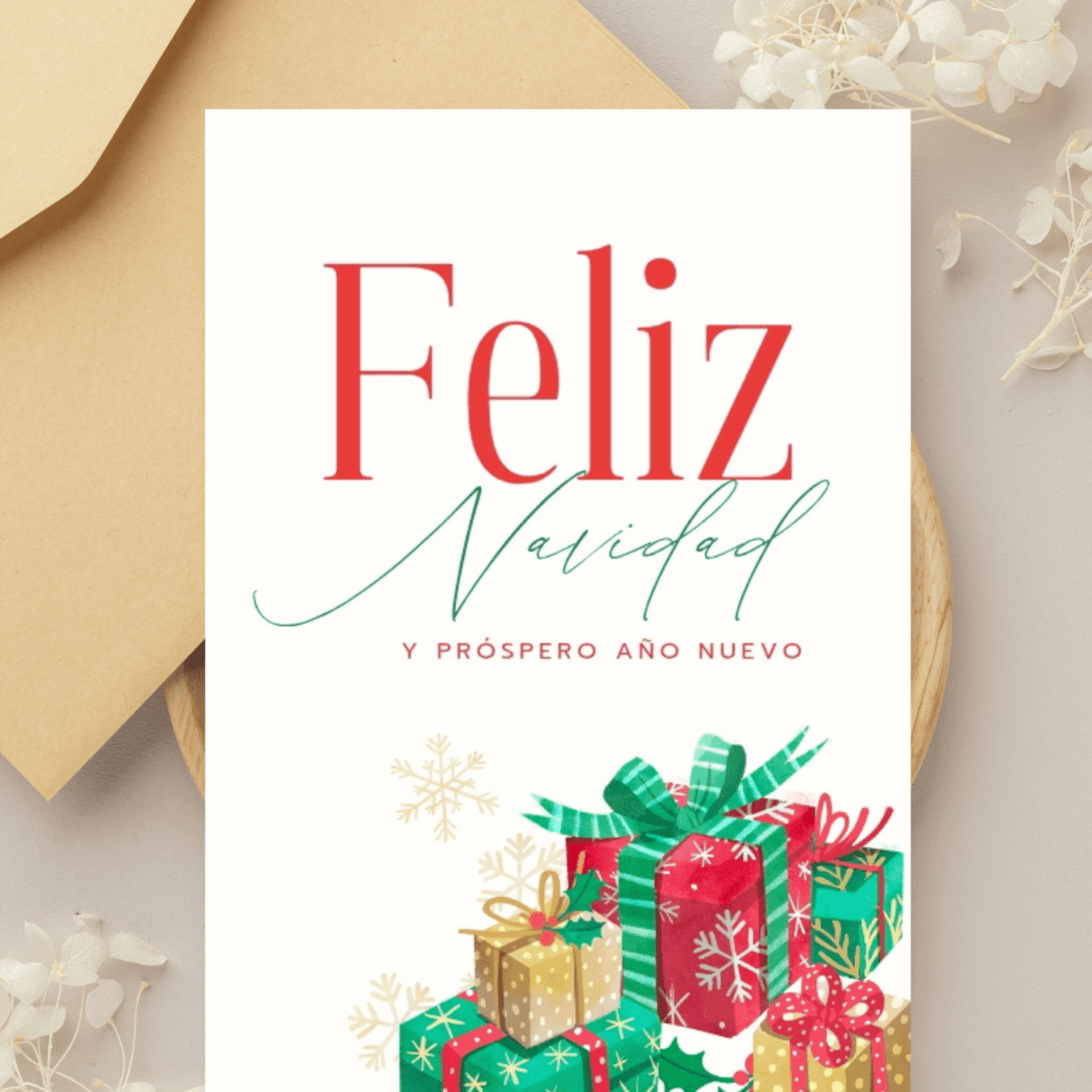 Postal navideña “Navidad y Año Nuevo” Rojo y verde | Tarjeta con sobre - 1